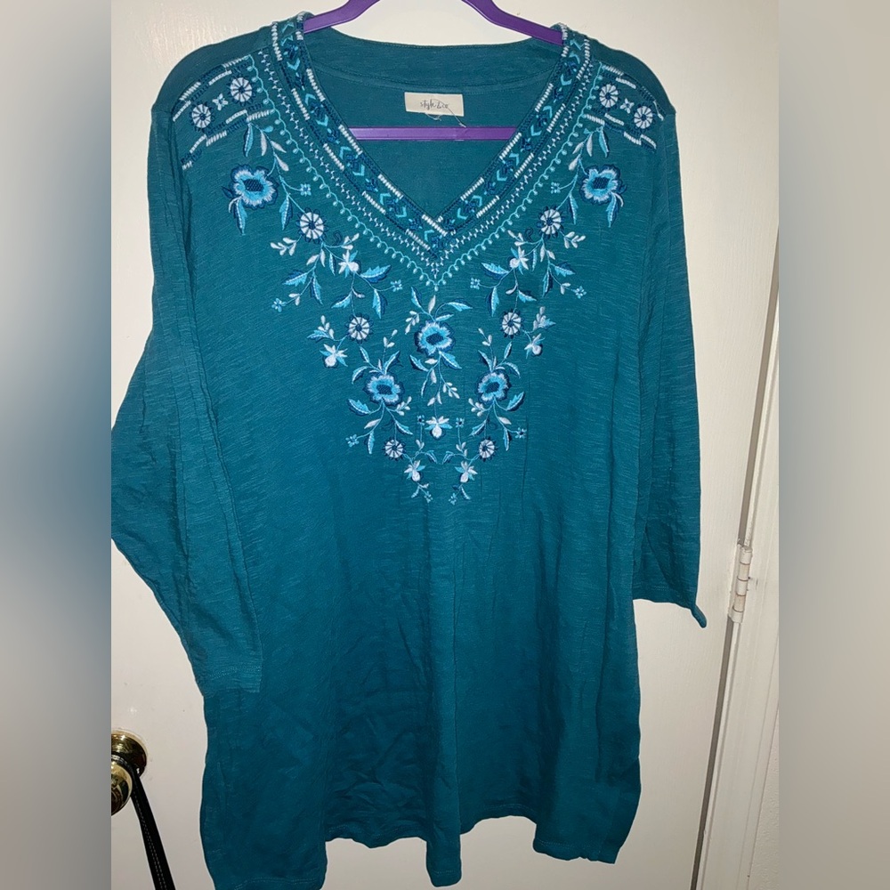 Style & Co. Teal Floral Embroidered Tunic